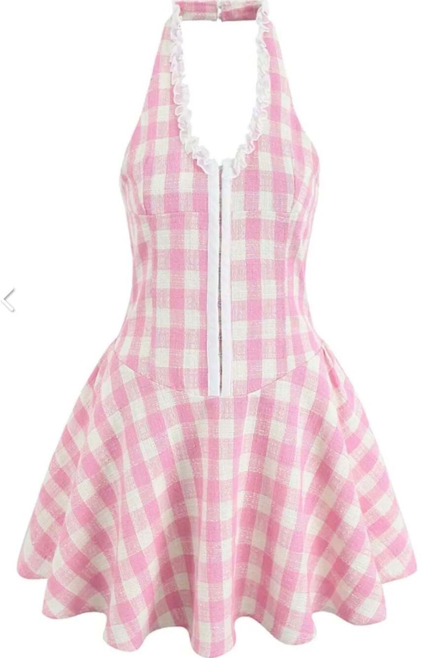 Halter Ruffle Gingham A-Line Mini Dress
